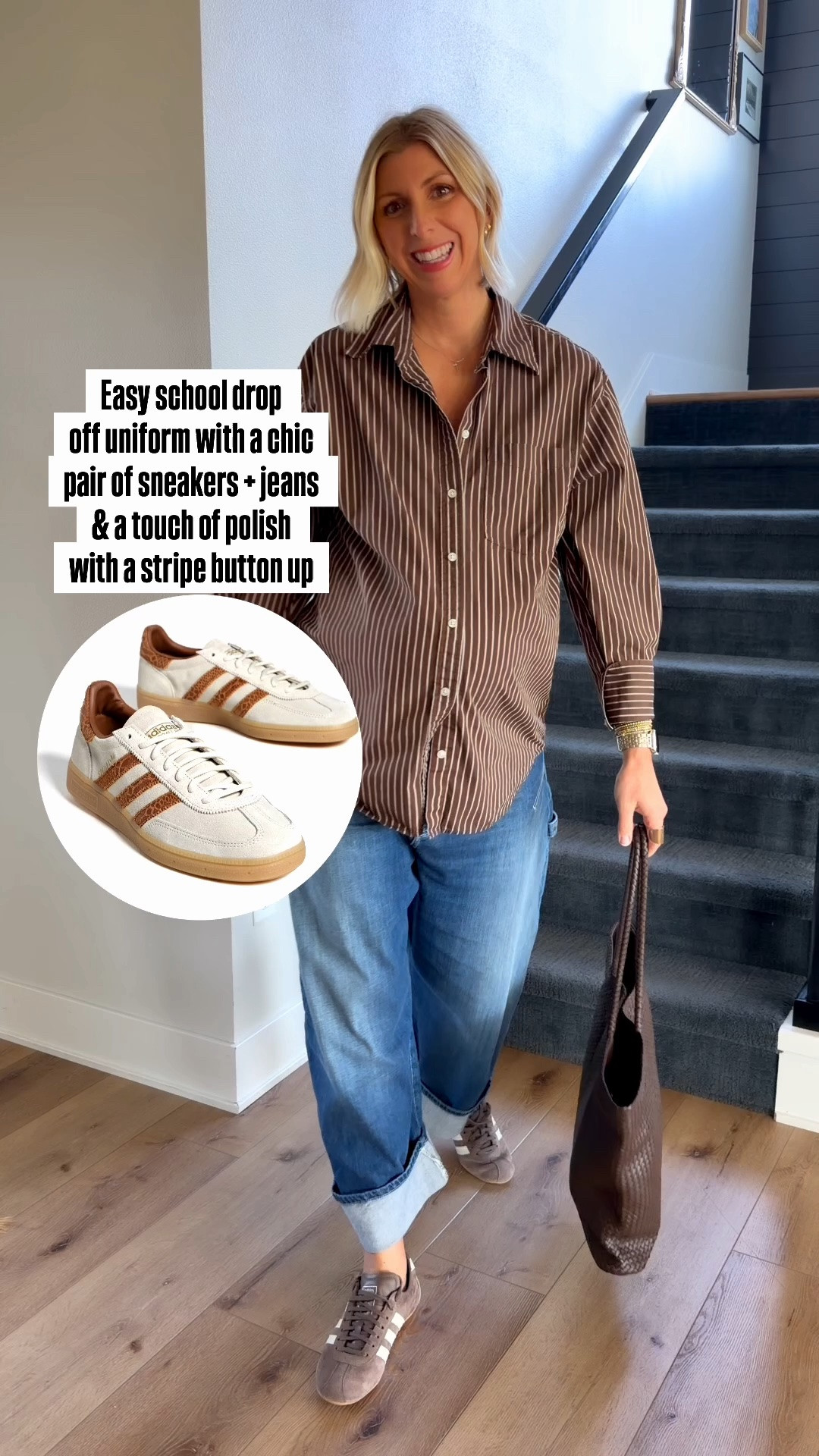 Easy elevated school drop
off uniform: chic pair of sneakers, effortless jeans, a tailored button up shirt. ￼

These sneakers are so comfortable and I love this neutral color. They fit true to size. ￼

#LTKootd #LTKOver40 #LTKmomlife