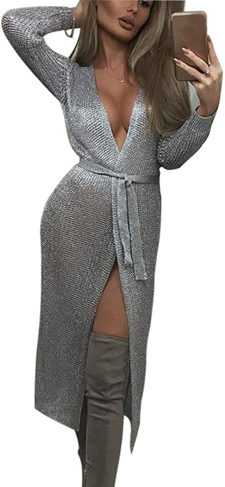 Yeshire Women's Casual Long Sleeve Open Front Soft Knit Cardigan Sweater with Belt | Amazon (US)