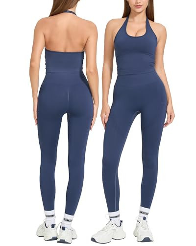 MOOSLOVER Women 2 Piece Workout Sets Halter Sports Bra Butt Lifting Leggings Gym Yoga Outfits(M,Blue) | Amazon (US)