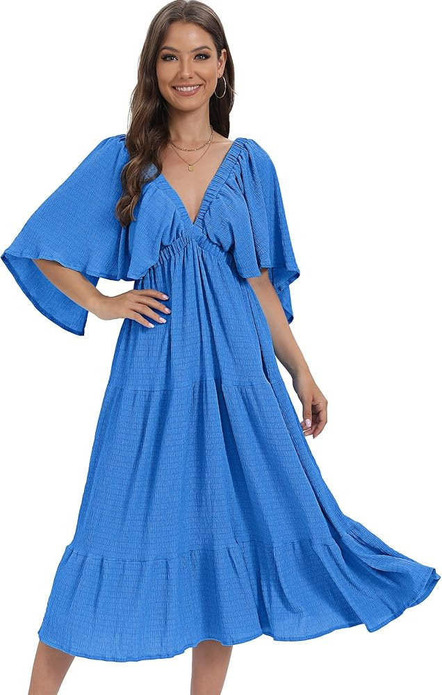 Cutiset Summer Fall Dress for Women Casual Short Flutter Sleeve Dresses,V-Neck Dress,Casual Loose... | Amazon (US)