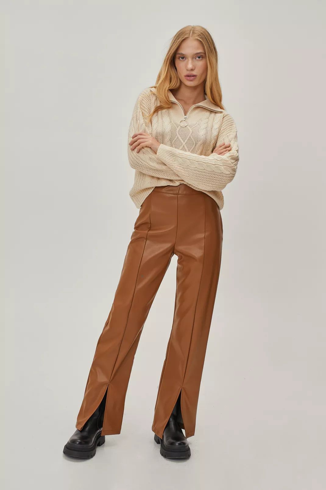 Petite Faux Leather Split Front Pants | Nasty Gal (US)