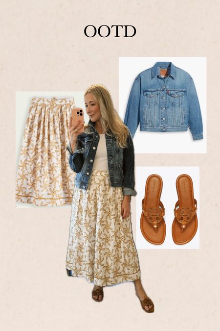 Outfit of the day 
Spring outfit 
Workwear 
Summer outfit 
Midi skirt 
Denim jacket 

#LTKworkwear #LTKSeasonal
