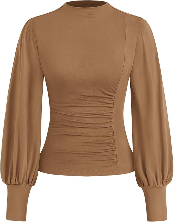 KIRUNDO Blouses for Women Dressy Casual Puff Long Sleeve Shirts Fitted Mock Neck Ruched Trendy To... | Amazon (US)