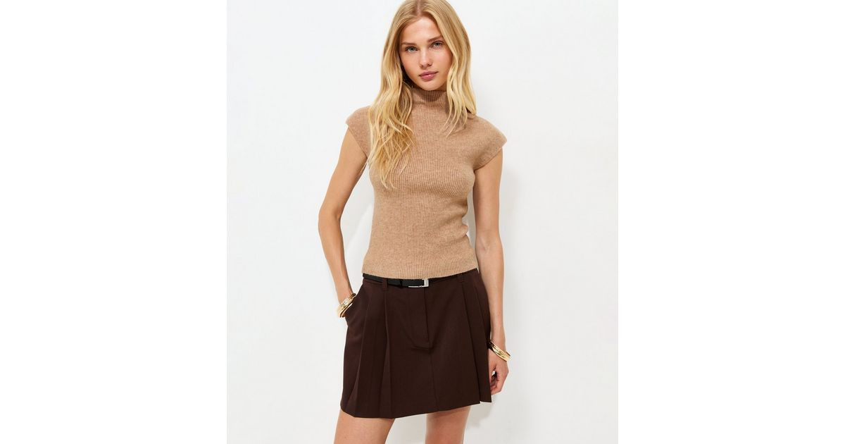 Women's Camel Ribbed Knit High Neck Cap Sleeve Top New Look | New Look (UK)