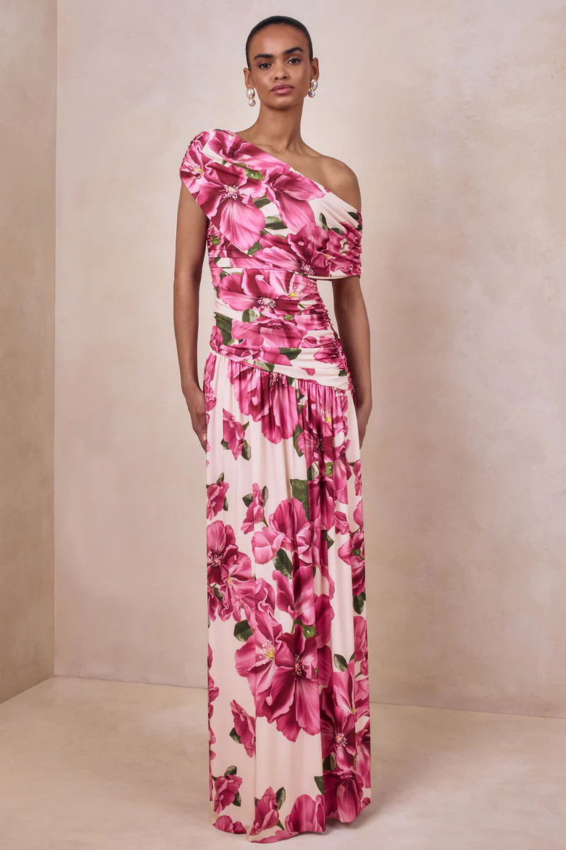 Emberly  Pink Hibiscus Floral Print Asymmetric Neck Maxi Dress With Drop Waist | Club L London