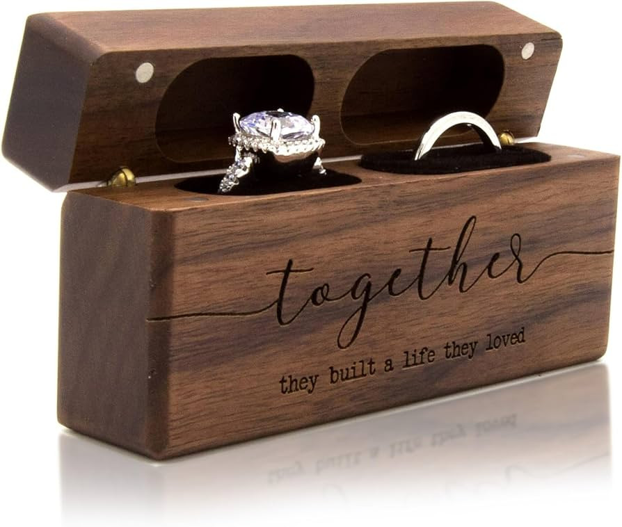 MUUJEE Together Wide Double Ring Box - Engraved Slim Wooden Ring Case Box for Wedding Ceremony En... | Amazon (US)