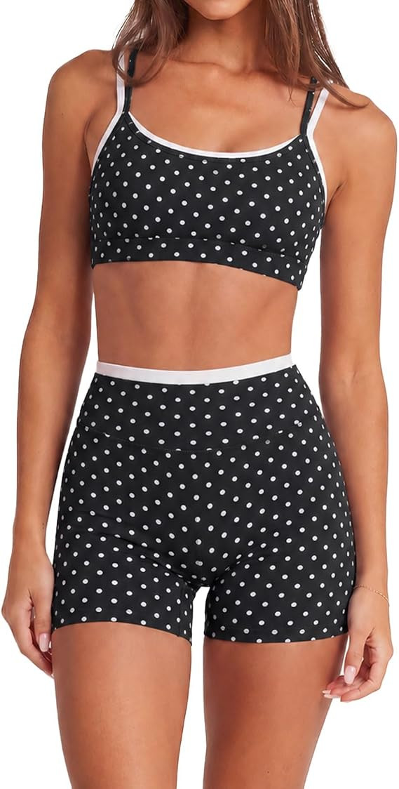 SUUKSESS 2 Piece Workout Sets Layered Sports Bra Yoga Gym Biker Shorts | Amazon (US)