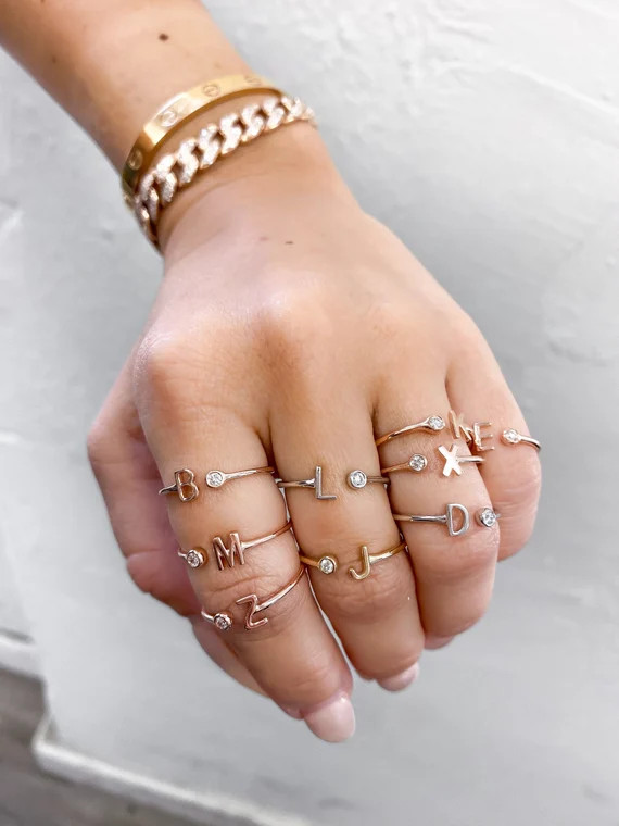 Adjustable Initial & Diamond Bezel Ring | Initial Ring | Dainty Rings | Thumb Ring | Simple Rings... | Etsy (US)