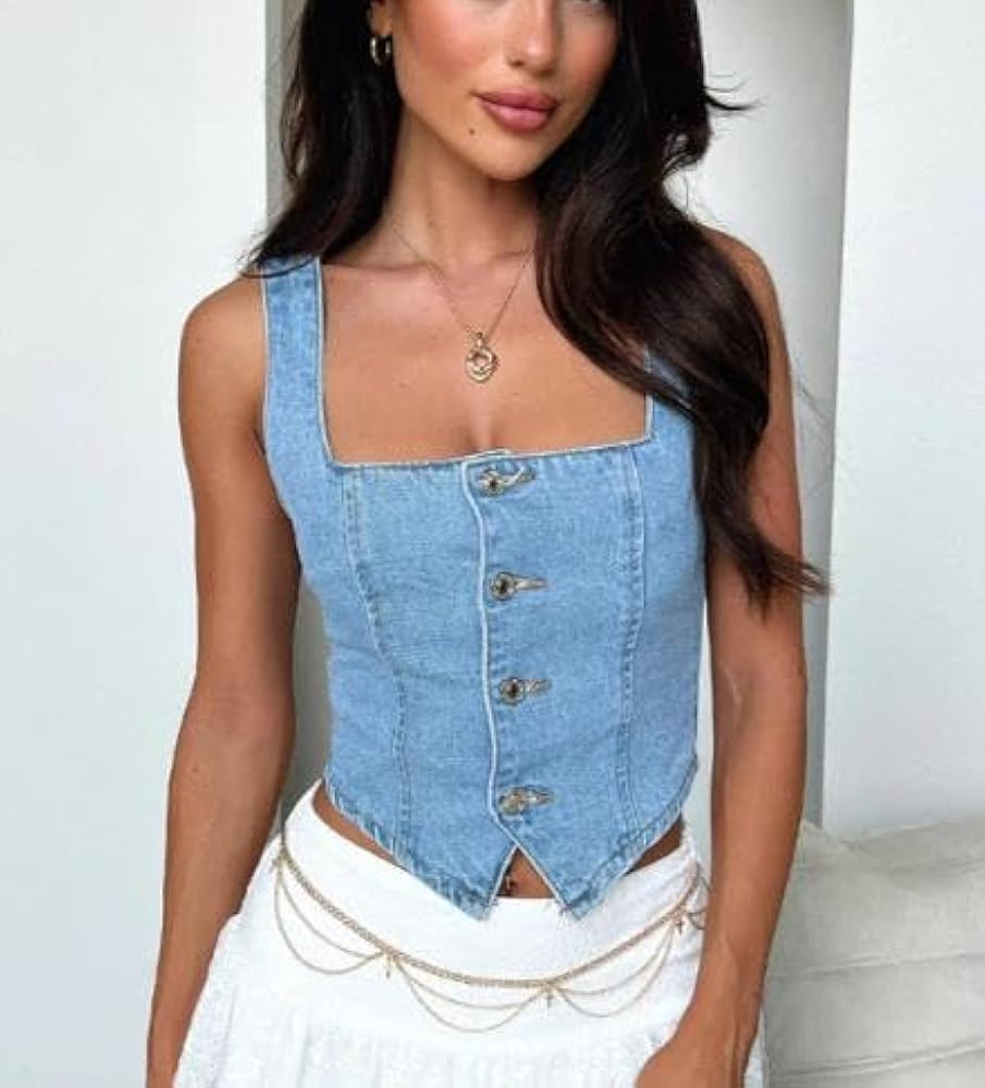 Women Y2K Button Down Denim Vest Summer Sleeveless Crop Top Jean Waistcoat Vest Corset Bustier Streetwear | Amazon (US)