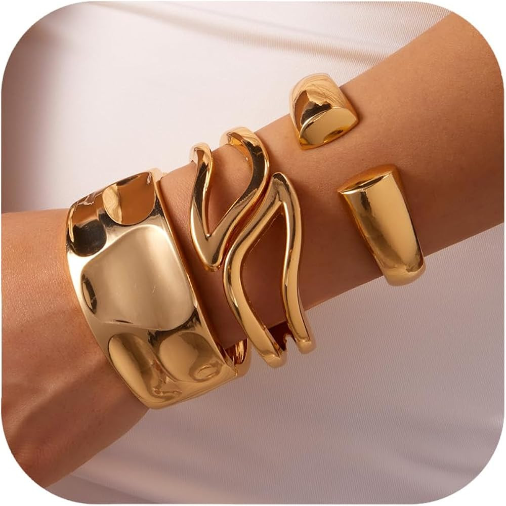 RINHOO 1-3Pcs Chunky Bangle Bracelet For Women Trendy Wide Hinged Cuff Open Bracelet Gold Stackab... | Amazon (US)
