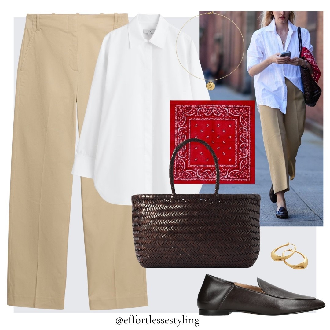 Smart casual Spring outfit. 

White tailored Pima cotton shirt, beige straight leg trousers, red paisley cotton scarf (tied around bag) dark brown woven leather tote bag, gold oval hoop earrings, gold disc initial pendant necklace, dark brown minimal leather loafers. 

#LTKworkwear #LTKspring #LTKuk
