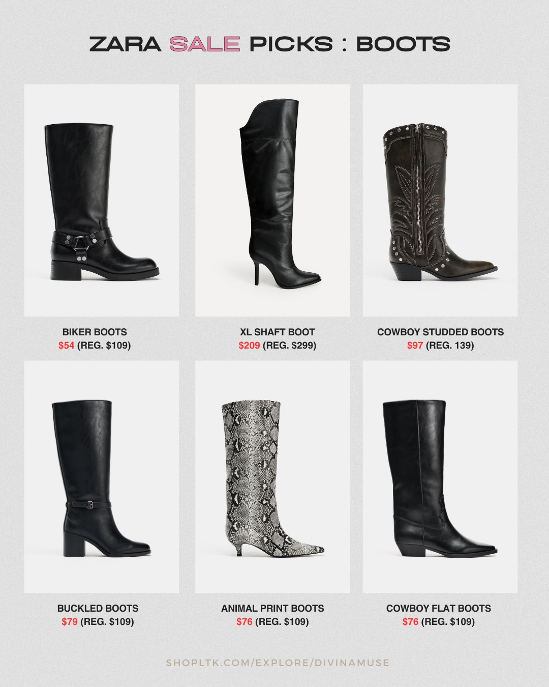 zara sale picks: BOOTS!!! bewwwts 👢
- biker boots
- XL shaft black boots 
- black cowboy studded low heel boots
- black buckled boots
- animal print boots 
-  black cowboy flat boots 
most are knee-high and calf length. Zara boots are comfortable and good quality for the price. Never had an issue with my boots or heels from this brand.  

 #LTKSaleAlert #LTKFindsUnder100 #LTKWorkwear