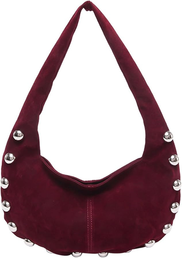 Suede Purse Studded Hobo Shoulder Suede Bag for Women Crescent Purse Soft Underarm Bag with Silve... | Amazon (US)