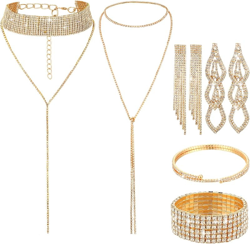 MTLEE 6 Pieces Women Crystal Jewelry Set Rhinestone Layered Choker Necklaces Long Tassel Necklace... | Amazon (US)