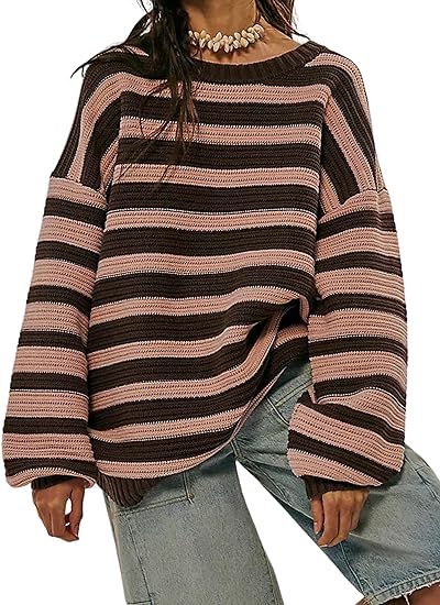 Meladyan Women's 2023 Fall Winter Oversized Striped Sweater Long Sleeve Crew Neck Knit Pullover S... | Amazon (US)