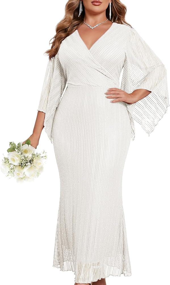 CYCLAMEN Plus Size Sparkly Formal Dress Lace Maxi V Neck Mermaid Cocktail Evening Wedding Guest | Amazon (US)