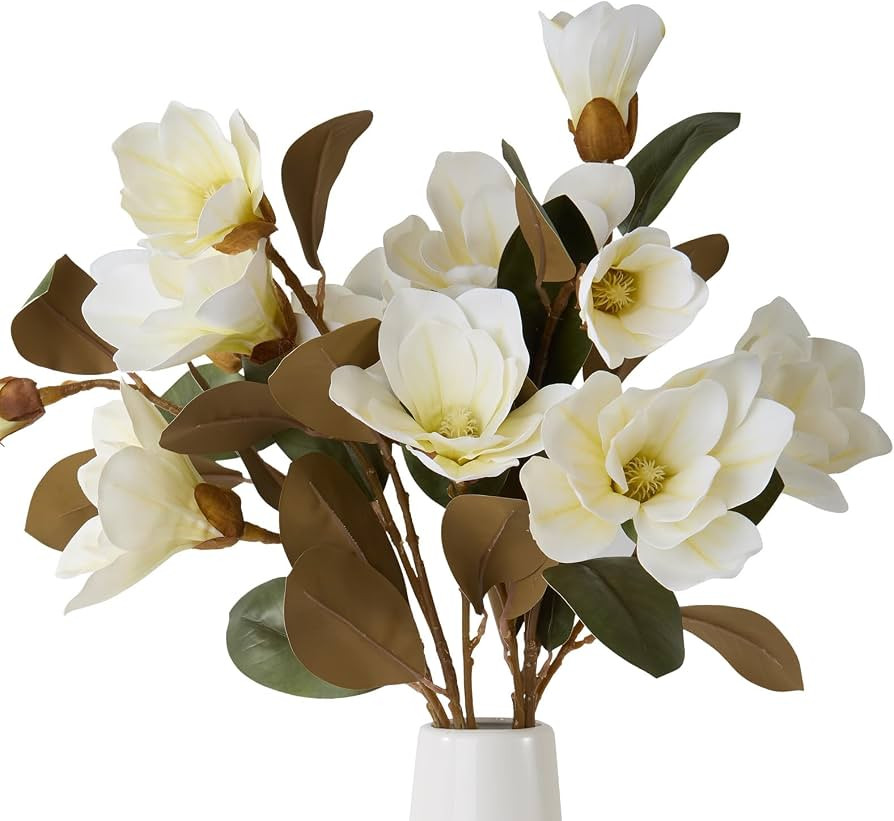 4PCS 32.2inch Artificial Magnolia Flowers 3D Real Touch 12 Heads Faux Magnolia Flower Bouquets Re... | Amazon (US)
