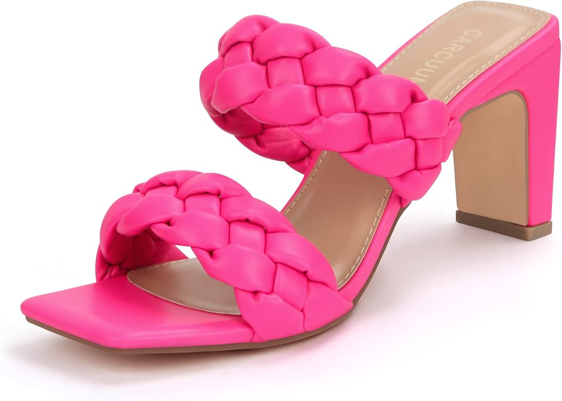 Carcuume Womens Braided Heels Square Open Toe Two Strappy Woven Mule Block Comfortable Heeled San... | Amazon (US)