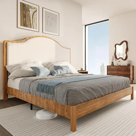 Merluxy Wooden Platform Queen Bed Frame with Upholstered Headboard Solid Wood Bed, No Box Spring Needed, Walnut | Walmart (US)