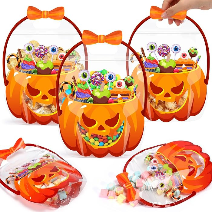 Fuutreo 50 Pcs Halloween Treat Bags with Handles, Pumpkin Plastic | Amazon (US)