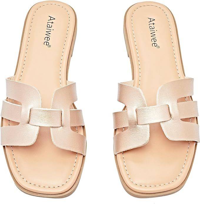 Ataiwee Women's Wide Width Flat Slide Sandals - Casual Cute Dressy Strappy Slip on Flat Summer Sh... | Amazon (US)