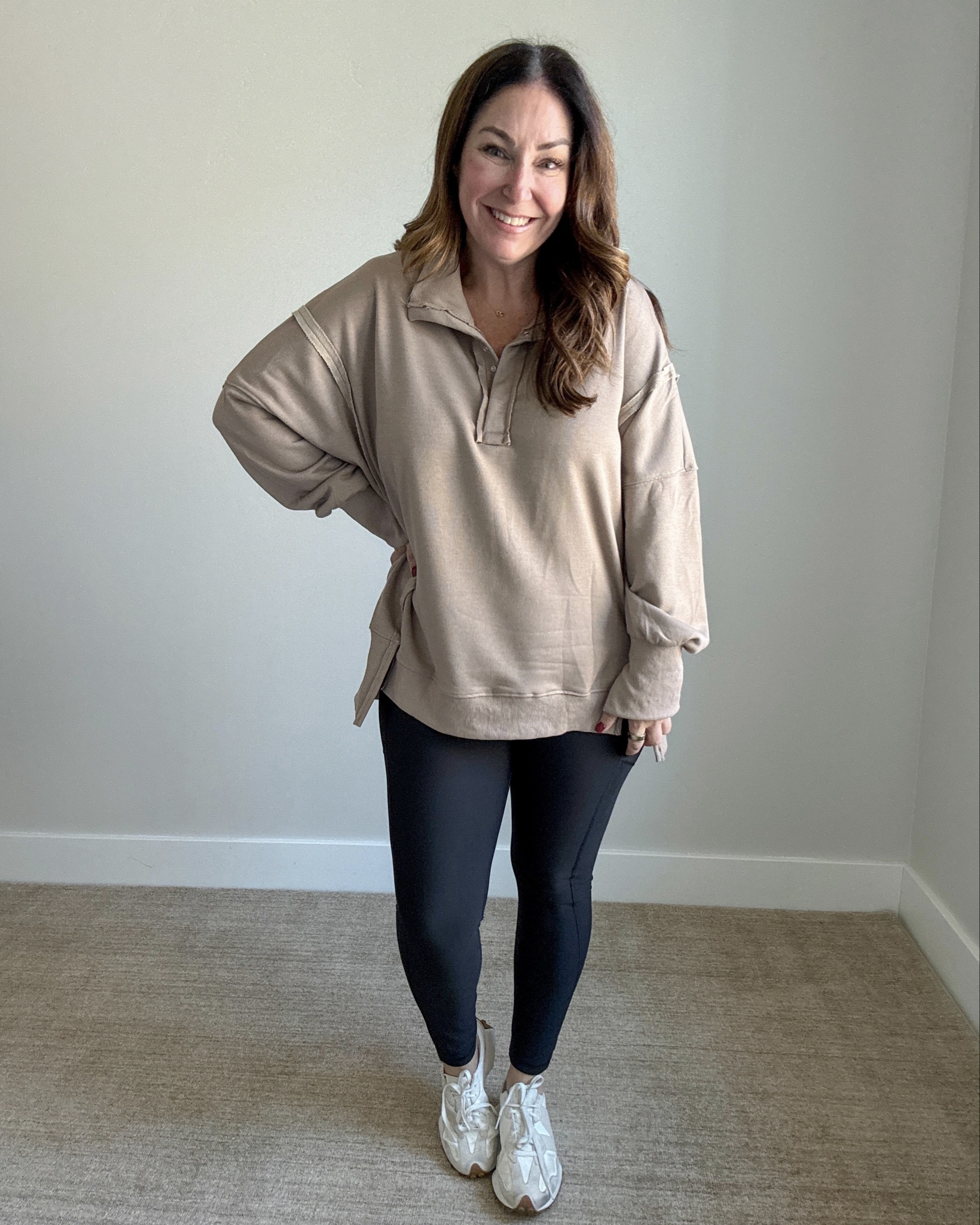 Perfect outfit for a cozy day in! These fleece lined leggings are super comfy and the sweatshirt is a total hug. Wearing XL in leggings and large in top #comfyfashion #loungewear #newbalance 

 #LTKActive #LTKMidsize #LTKFindsUnder50