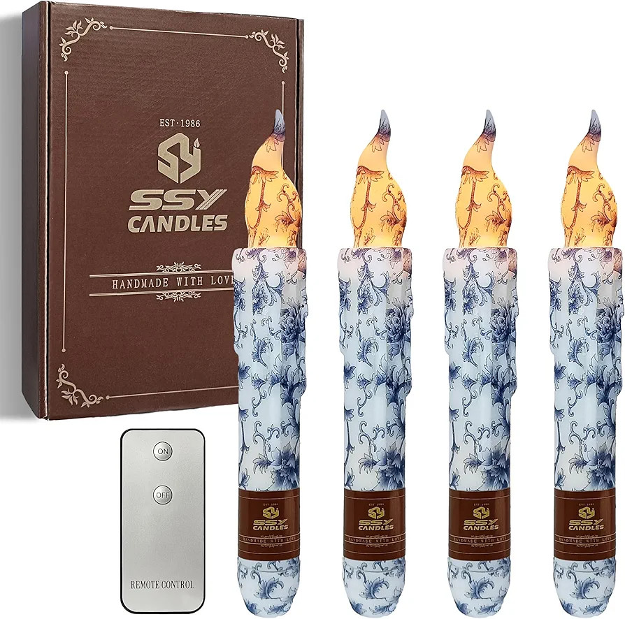 Blue and White Porcelain Flameless Short Taper Candles, Drip LED Battery Operated with Remote, Fl... | Amazon (US)