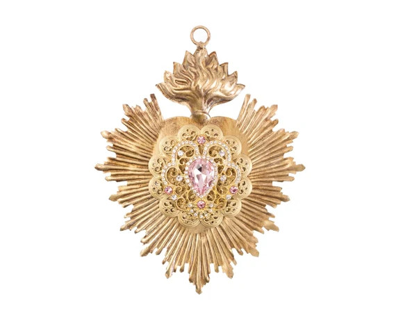 Sacred Heart Milagro Heart Gold Heart With Pink Rhinestones - Etsy | Etsy (US)