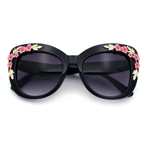 Womens Metal Flower Foliage Jewel Brow Trim Oversize Cat Eye Sunglasses Black - Smoke | Amazon (US)