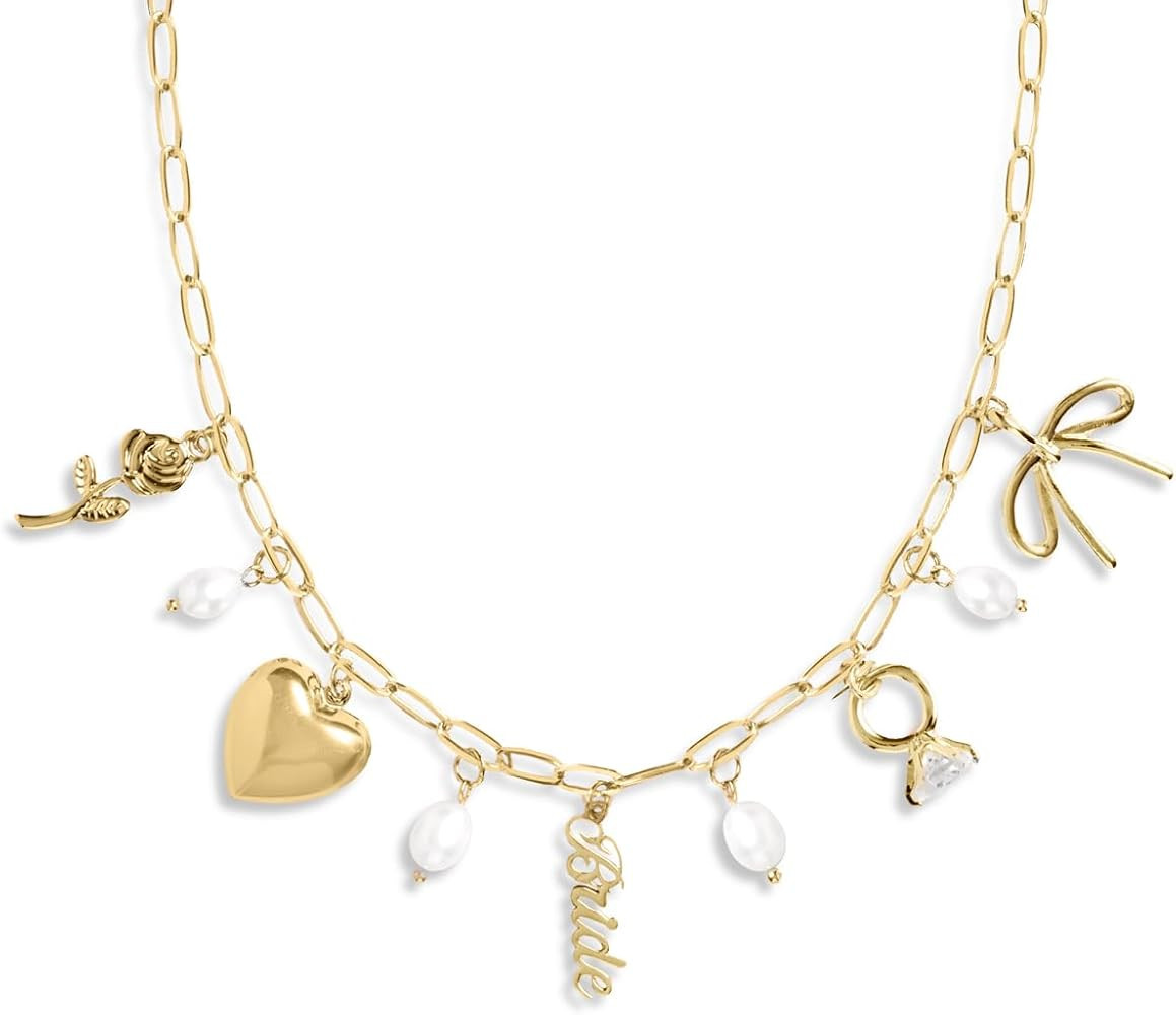 xo, Fetti Gold Bride Charm Necklace | Pearl Bachelorette Accessory, Rhinestone Bridal Jewelry, Ba... | Amazon (US)