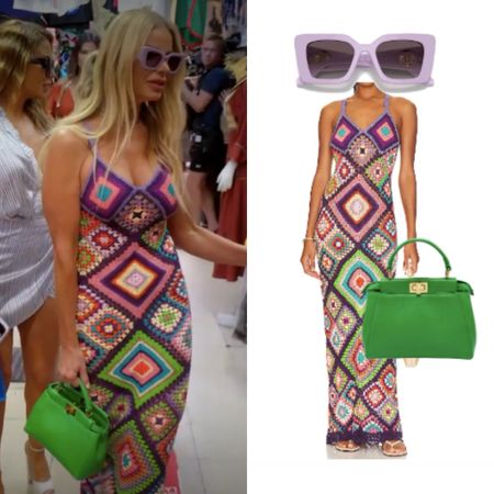 Alexia Echevarria’s Multi Color Crochet Dress, Purple Sunglasses and Green Top Handle Bag