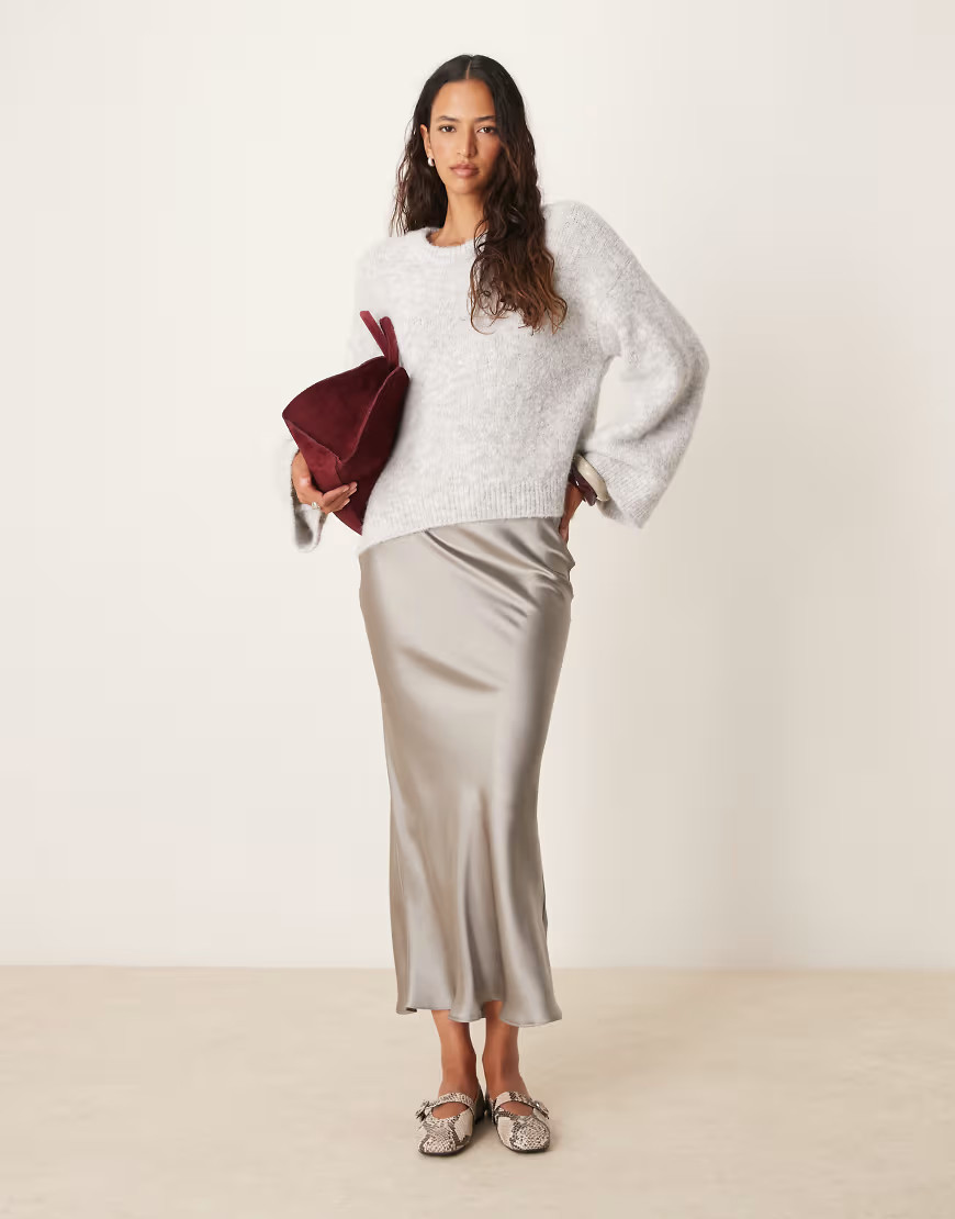 New Look satin midi bias skirt in grey | ASOS (Global)