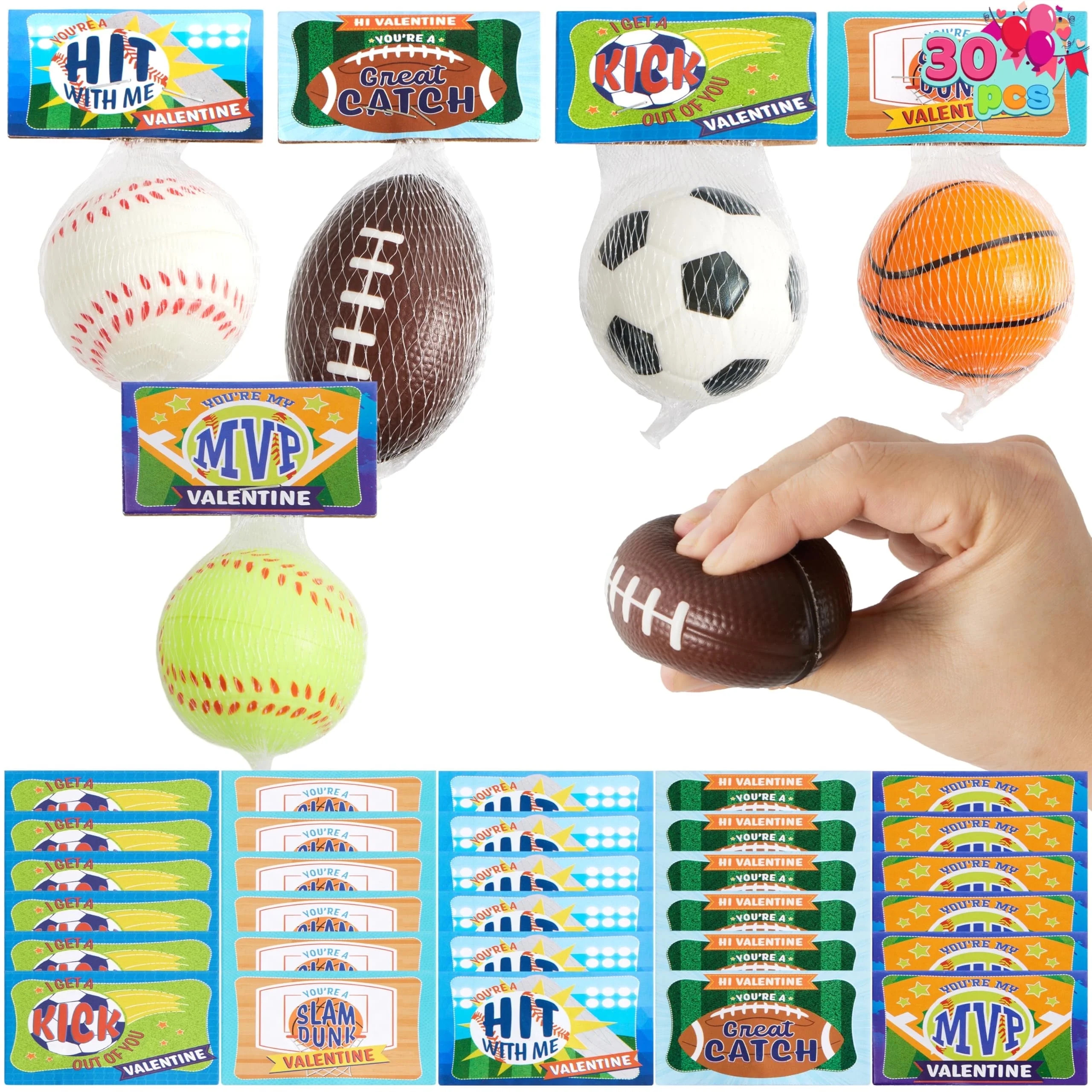 Joyfy 30 Packs Valentines Cards with Mini Sports Ball for Kids Boys, Figure Stress Balls Squeeze ... | Walmart (US)