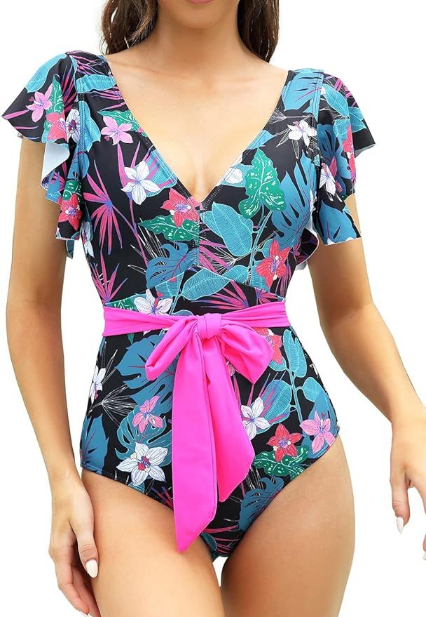 Binlowis V Neck Ruffle One Piece Swimsuit Ladies Floral Print Sexy Belt Bathing Suit Tie Swimwear | Amazon (US)