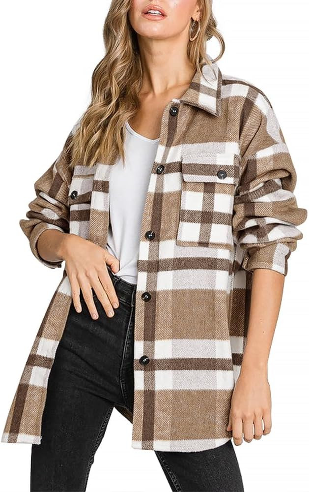 Beaully Women's Flannel Plaid Shacket Long Sleeve Button Down Shirts Jacket Coats with Side Pocke... | Amazon (US)