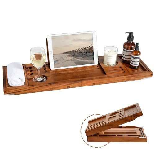 Realgulf Teak Bathtub Tray | Adjustable Width Tray with Wine Holder, Tablet/Phone & Book Stand, Splash-Proof for Bath Time- Natural | Amazon (US)