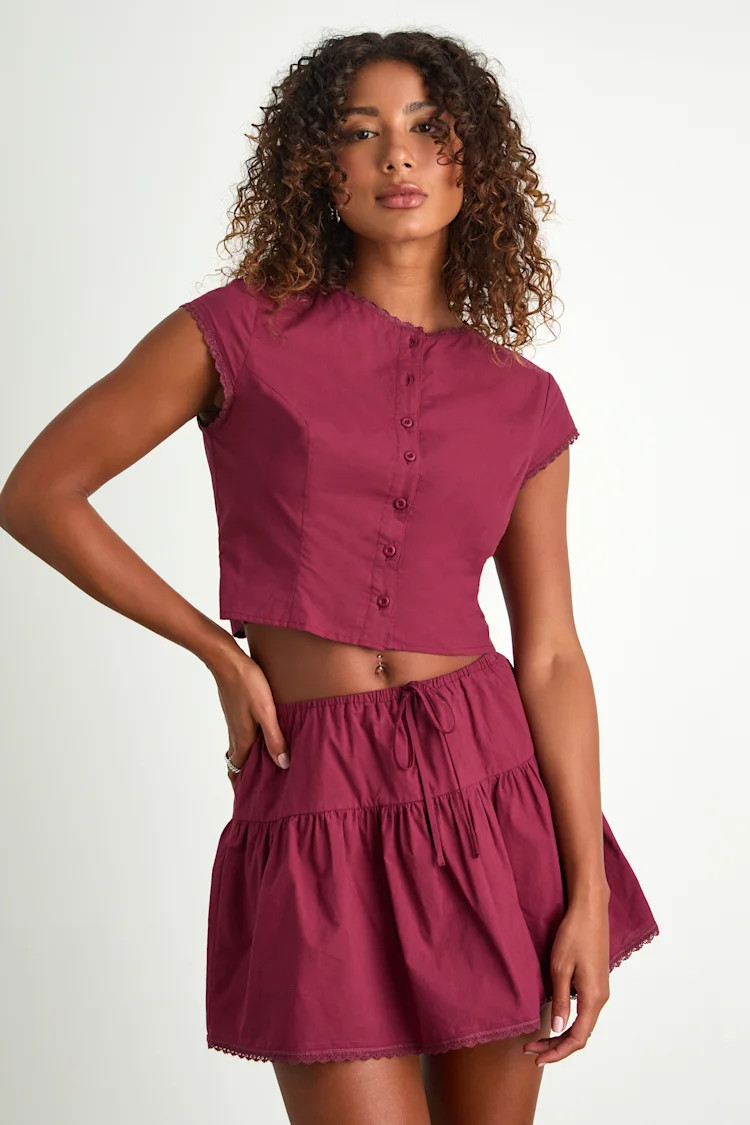 Melicia Burgundy Button-Front Cap Sleeve Crop Top | Lulus