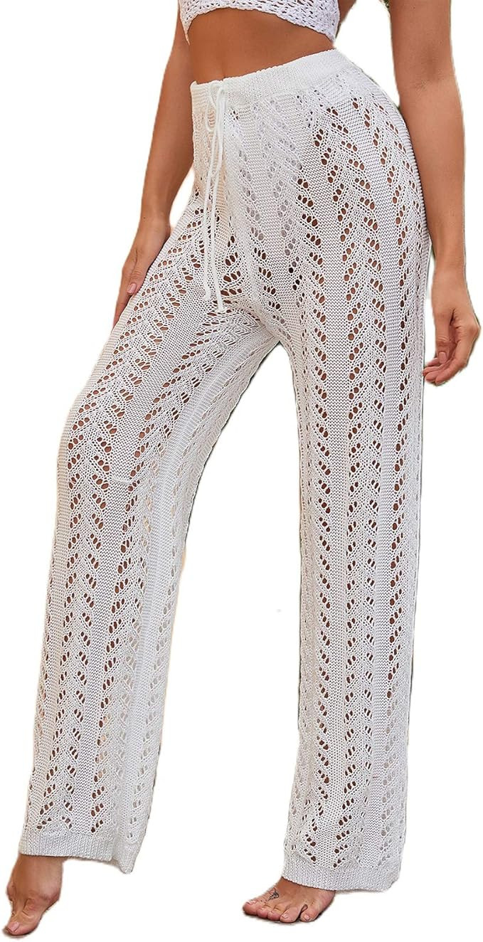 RUEWEY Womens Beach Cover Up Pants Drawstring Crochet Fishnet Hollow Out Knit Mesh Wide Leg Pant | Amazon (US)