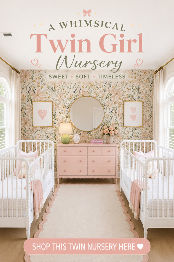 Create the twin girl nursery of your dreams with soft floral wallpaper, matching white cribs, a blush pink dresser, cozy