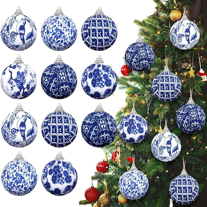 12 Pcs Christmas Blue and White Chinoiserie Ball Ornaments Christmas Tree Hanging Ornaments Chino... | Amazon (US)