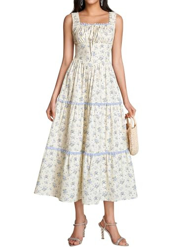 KUTUMAI Floral Corset Milkmaid Midi Dress Flowy Lace Tiered Cottagecore Wedding Guest for Women 2026 Summer Sundress YellowBlue M | Amazon (US)