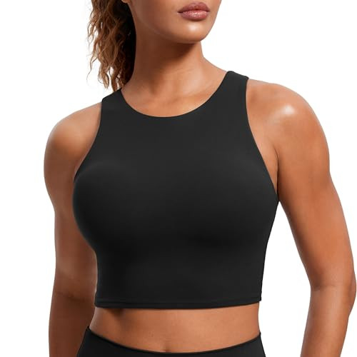 CRZ YOGA Butterluxe High Neck Crop Tank Tops for Women - Racerback Padded Longline Sports Bras Workout Black X-Large | Amazon (US)