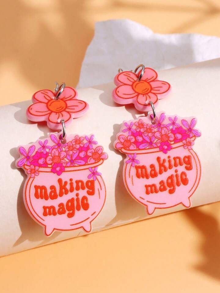 1pair Cute Halloween Cartoon Letter "Magic" Flower Miracle Earrings For Women Party Jewelry | SHE... | SHEIN