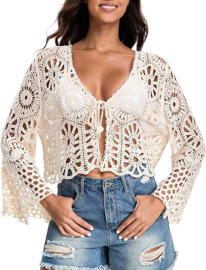 Women's Crochet Cardigan Bell Sleeve Tie Front Hollow Out Cropped Vacation Tops Summer Length Sle... | Amazon (US)