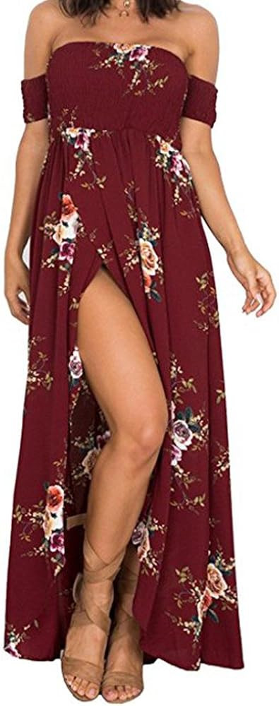 SVALIY Women Floral Off The Shoulder Split Chiffon Maxi Beach Dresses Wedding Party | Amazon (US)