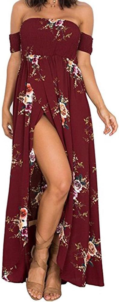 SVALIY Women Floral Off The Shoulder Split Chiffon Maxi Beach Dresses Wedding Party | Amazon (US)