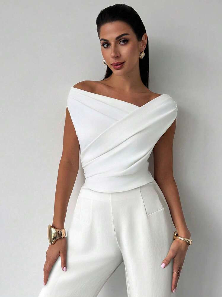 Firerie Women Summer Fashion Casual Commute Vacation Ruffle Tight White T-Shirt Top & High Waist White Pants 2Pcs Set, Graduation Dress,Graduation,Teacher Outfits For Women,Back To School | SHEIN