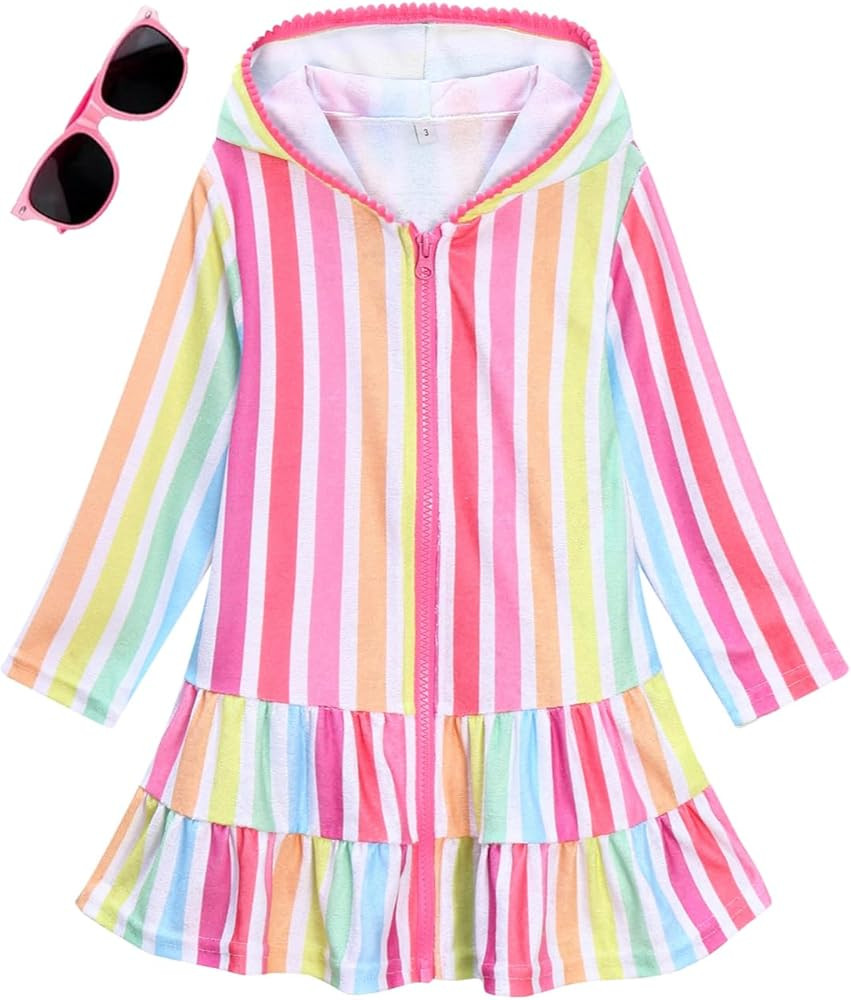 LUCKYGAL Girls Swim Cover Up Kids Long Sleeve Swimsuit Coverup Terry Beach Pool Clothes with Sung... | Amazon (US)