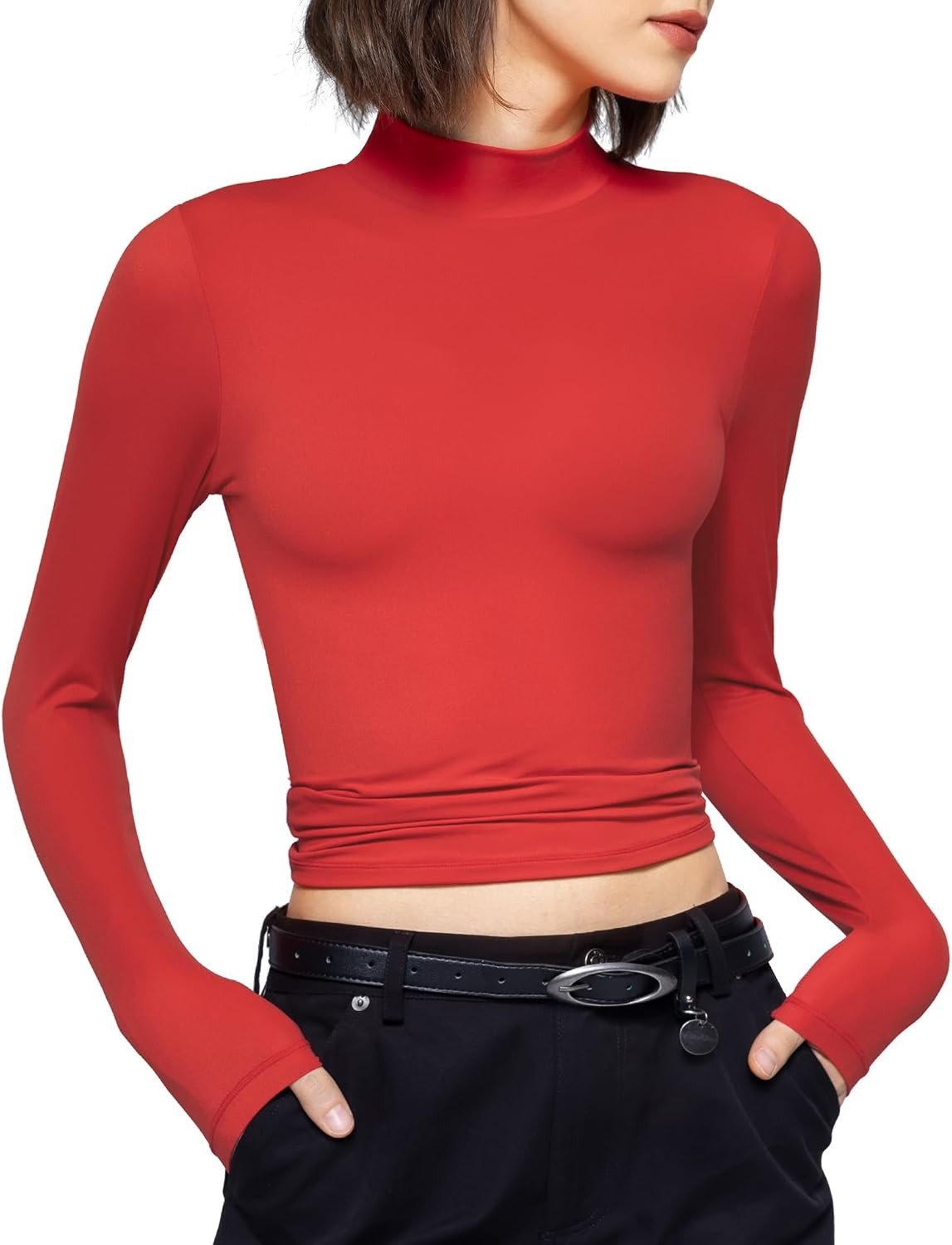 PUMIEY Women's Long Sleeve T Shirts Mock Turtleneck Slim Fit Tops Sexy Basic Tee Smoke Cloud Pro Collection | Amazon (US)