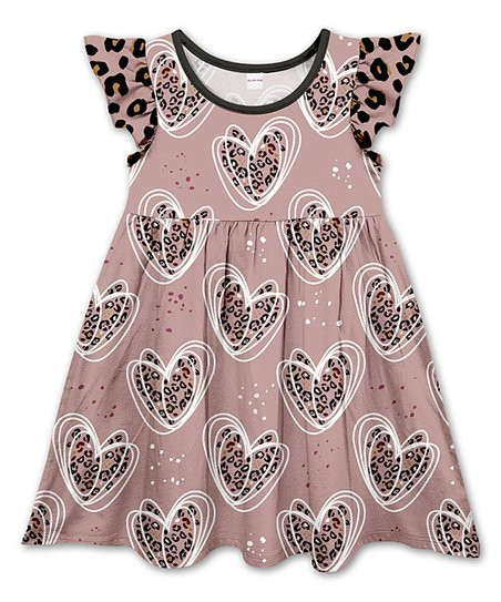 Penelope Plumm Black & Coffee Leopard Hearts Angel-Sleeve Dress - Toddler & Girls | Zulily